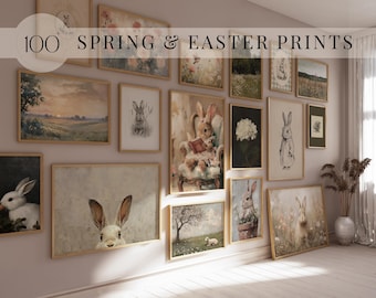 May include: A wall gallery featuring 100 spring and easter prints. The prints are framed in natural wood and feature a variety of subjects, including bunnies, flowers, and landscapes.