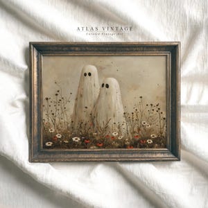 Vintage Cute Ghosts in Wildflower Meadow Print, Spooky Halloween Fall Painting Printable Wall Art, Moody Ghosts Autumn Decor Digital