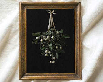 Vintage Mistletoe Painting Print, Moody Christmas Wall Art (Digital Download)