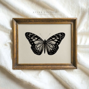 Vintage black butterfly sketch print, dark academia wall art