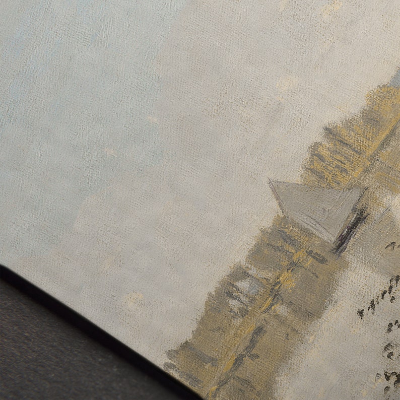 May include: A close-up of a painting depicting a cityscape with a gray sky and a brown building in the foreground.