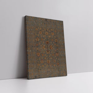 May include: A vintage-style rug with a blue background and intricate gold and red floral patterns. The rug has a central medallion with a repeating pattern of flowers and leaves.