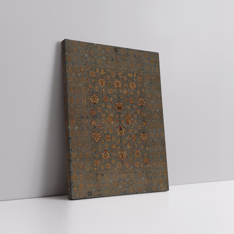 May include: A vintage-style rug with a blue background and intricate gold and red floral patterns. The rug has a central medallion with a repeating pattern of flowers and leaves.