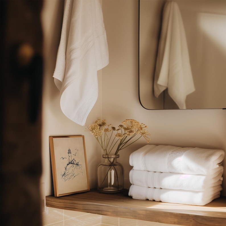 May include: A bathroom scene featuring a stack of three folded white towels, a framed lighthouse illustration, and a clear glass vase with dried flowers. A white towel hangs on the wall, and a mirror is visible.