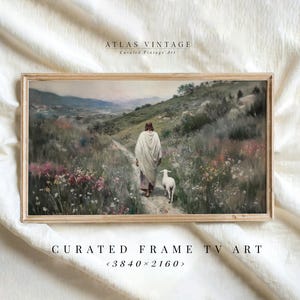 Vintage Christian artwork showing Jesus walking in a meadow, leaving the ninety-nine sheep.