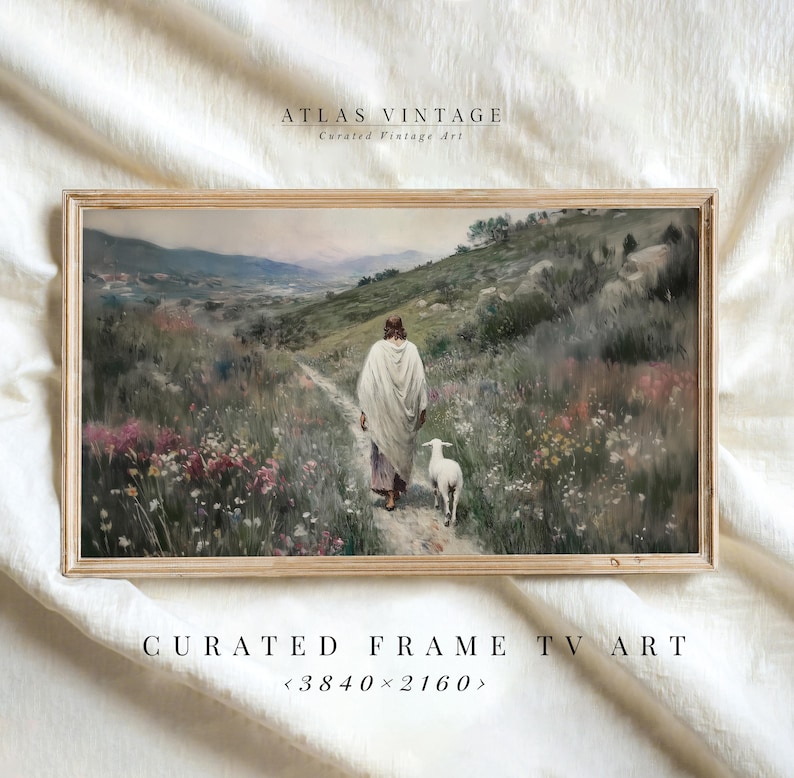 Vintage Christian artwork showing Jesus walking in a meadow, leaving the ninety-nine sheep.