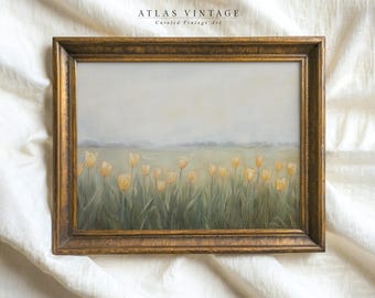 Vintage Yellow Tulip Field Print, Rustic Floral Painting (Digital Download)