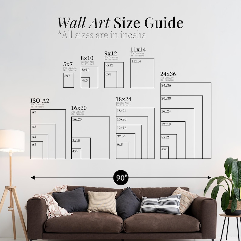 May include: A wall art size guide showing various rectangular dimensions, including 5x7, 8x10, 9x12, 11x14, 16x20, 18x24, and 24x36 inches. The guide also includes ISO-A2 sizes. The text "Wall Art Size Guide" is at the top.