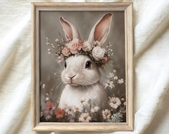 impression florale vintage de lapin de Pâques, lapin de fleur, art mural imprimable, décoration de chambre d'enfant pastel printemps, impressions numériques botaniques neutres