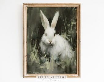 Impressão de coelho da Páscoa vintage, pintura de coelho branco de primavera antiga, decoração digital de casa de campo neutra, arte de parede rústica e temperamental para impressão