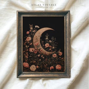 Vintage Floral Crescent Moon Painting Print, Moody Botanical Gothic Printable Wall Art, Dark Academia Halloween Decor, Digital Download