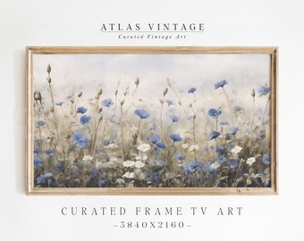 Vintage Blue Wildflower Meadow Painting, Samsung Frame TV Art (Digital Download)