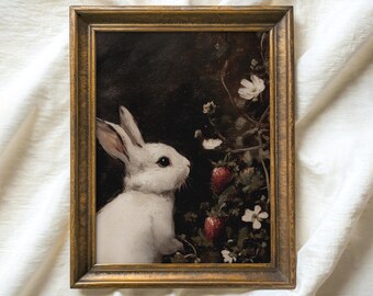 Vintage Bunny Strawberry Print, Cottagecore Easter Decor (Digital Download)