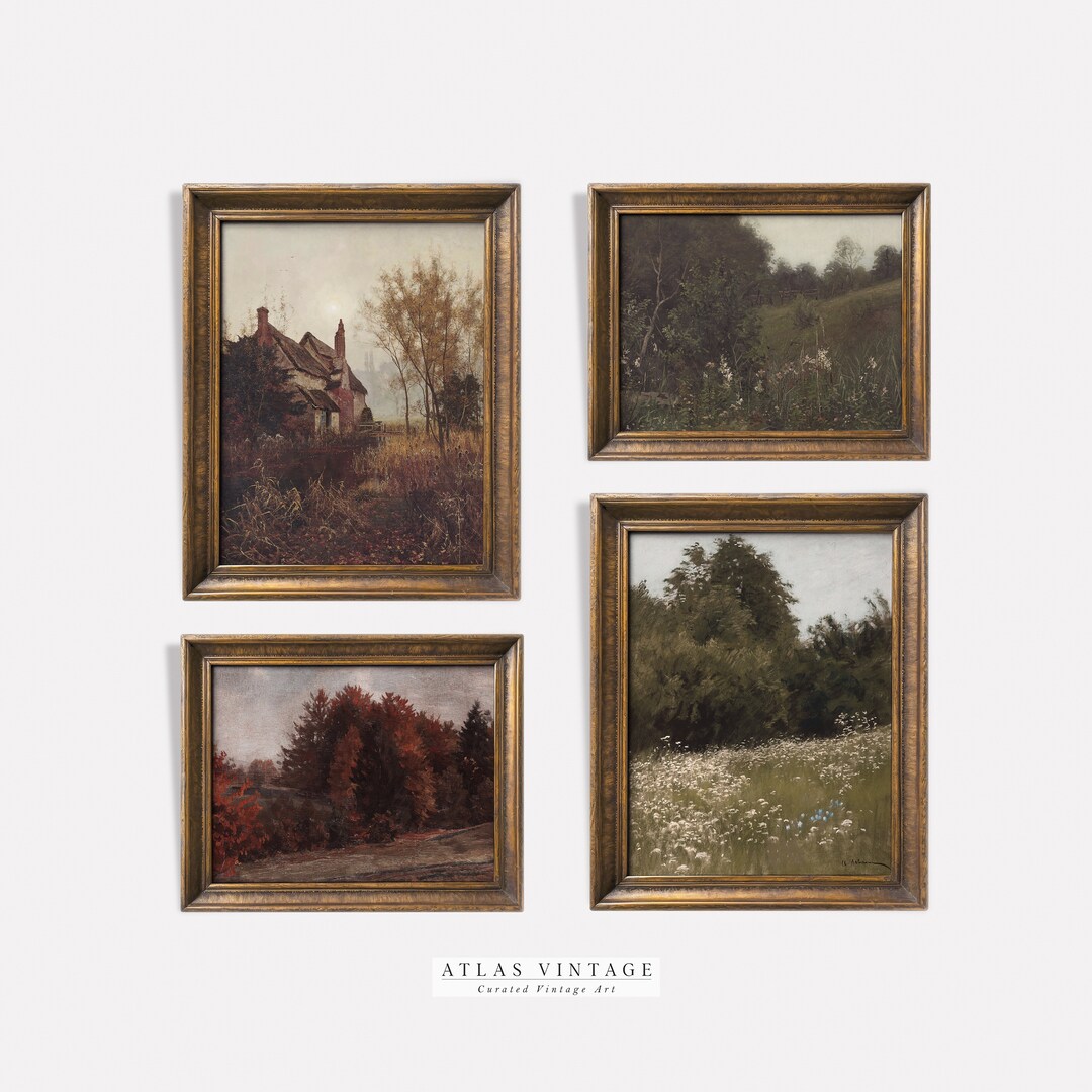 Vintage Nature Landscape Print Set of 4, Fall Scenery Paintings Gallery ...