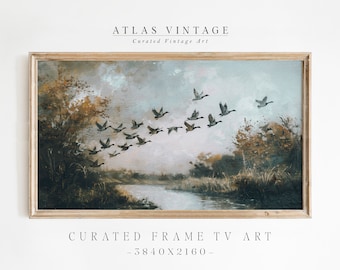 Vintage Bird Flock Lake Painting: Farmhouse TV Art (Digital Download)