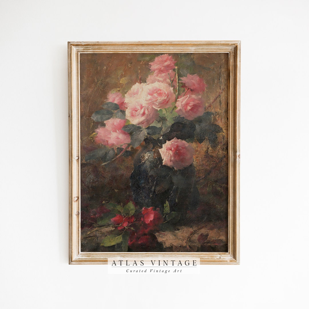 Vintage Pink Roses Painting – Floral Farmhouse Still Life (digital ...