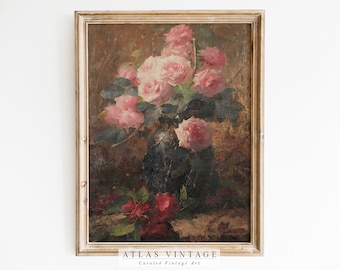 Vintage Pink Roses Painting – Floral Farmhouse Still Life (Digital Download)
