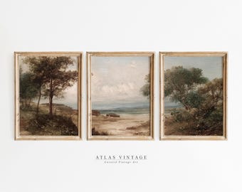 Juego de 3 impresiones de pared con galería de paisajes vintage, tríptico de árboles costeros, arte de pared imprimible, decoración rústica de estilo cottagecore digital