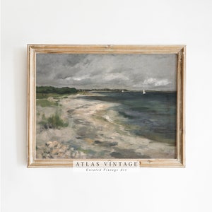 Vintage Coastal Seaside Painting, Muted Seascape Beach House Decor, Summer Printable Wall Art, Digital Download, Antique Beach Print