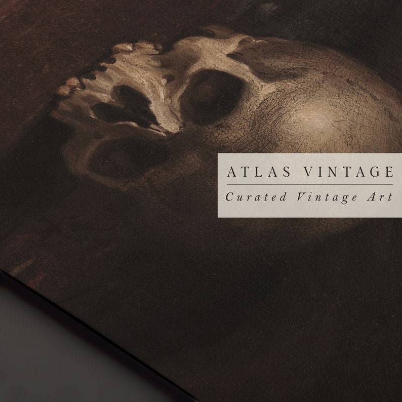 May include: A close-up of a vintage drawing of a human skull. The drawing is in shades of gray and brown. The text "ATLAS VINTAGE Curated Vintage Art" is visible in the lower right corner of the image.