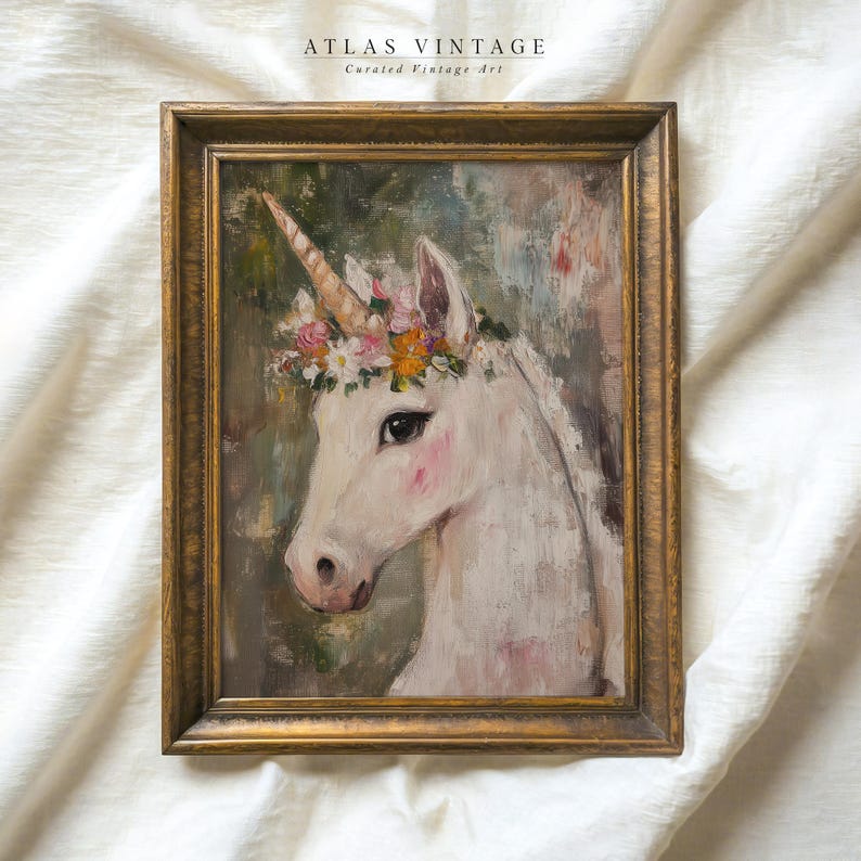May include: A framed painting depicting a white unicorn with a floral crown. The unicorn's head and neck are visible, and the background is a soft green and blue.
