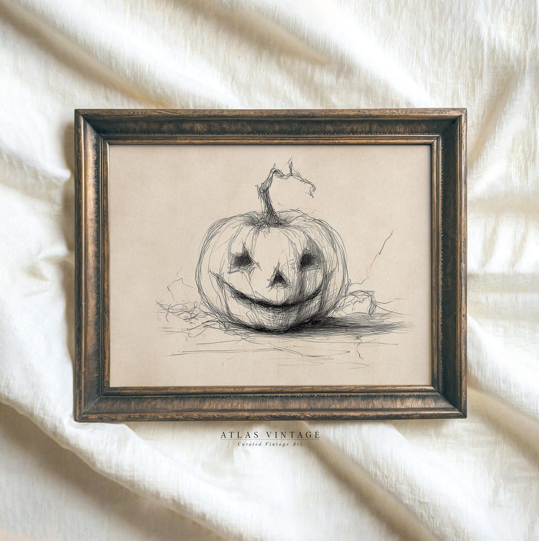 Vintage Jack O Lantern Sketch Print, Halloween Line Art (digital ...