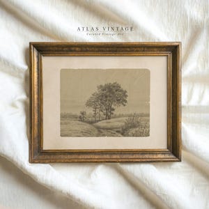 Vintage Tree Sketch Print, Antique Landscape Drawing Printable Wall Art, Neutral Rustic Farmhouse Decor, Landscape Sketch Artwork Digital