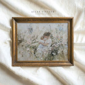母と子の絵画プリント、野花の草原の子供部屋の装飾、シャビーシックな植物風景のプリント可能な壁アート、花柄の母の日ギフト