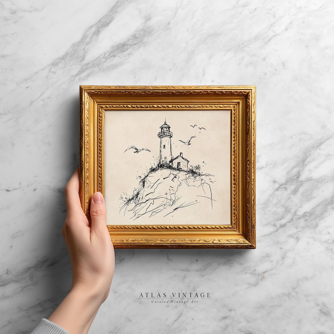 Vintage Coastal Lighthouse Sketch Print, Minimal Seaside Ink Drawing Printable Wall Art, N