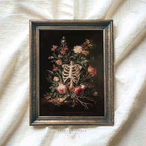 Vintage Fall Floral Skeleton Print, Botanical Gothic Skeleton Printable Wall Art, Spooky Halloween Dark Academia Decor, Digital Download