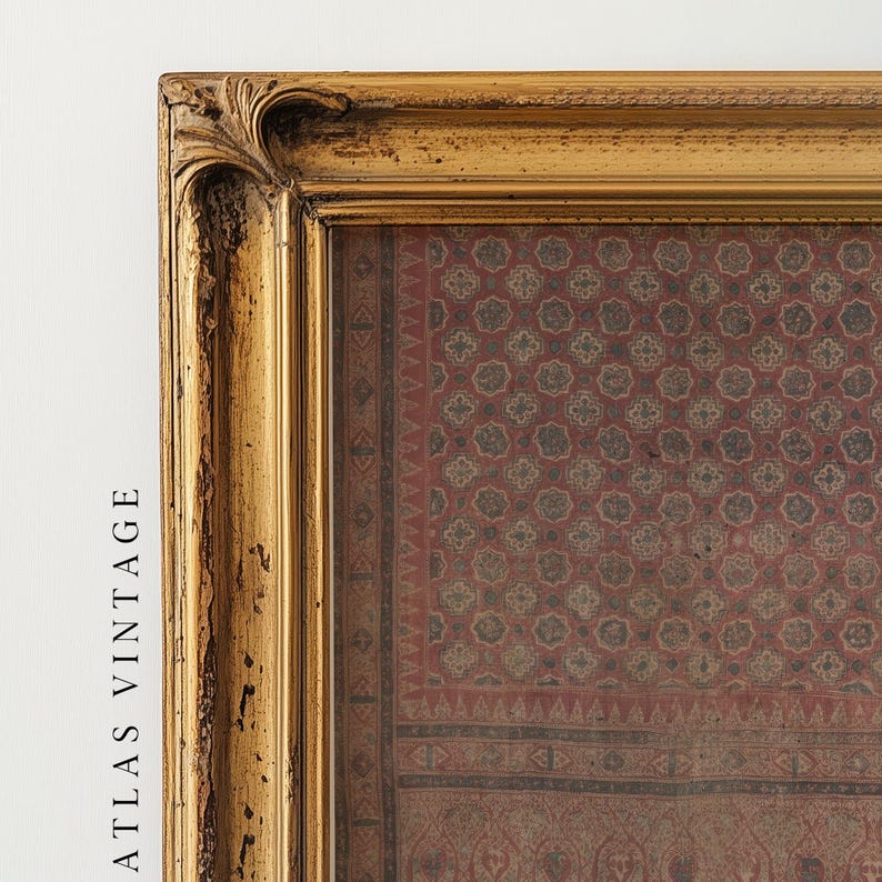 Red vintage Persian carpet print with intricate Islamic motifs and distressed textures