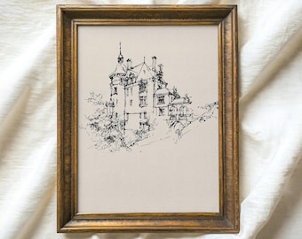 Vintage Castle Sketch Print, European Landscape Ink Drawing (Digital Download)