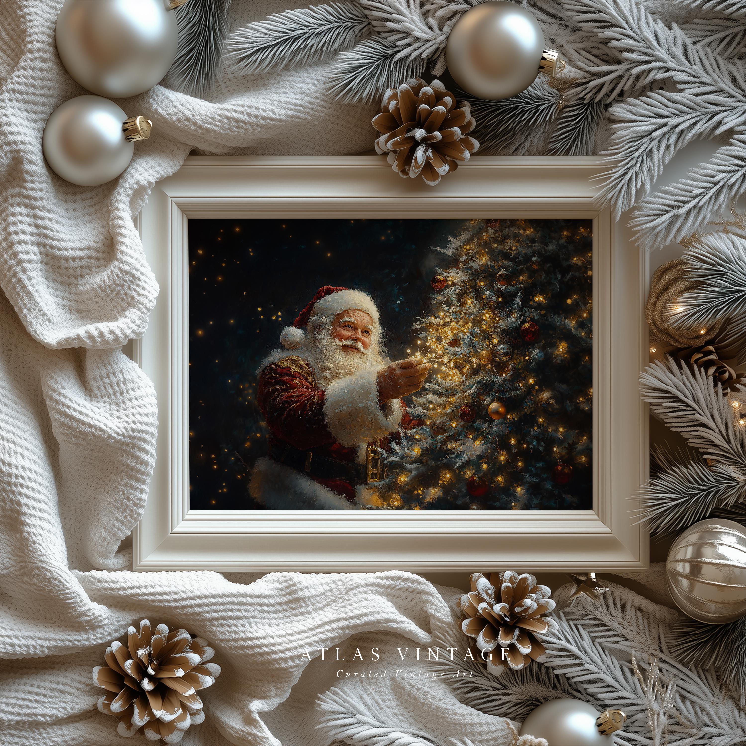 ヴィンテージ サンタクロース クリスマスツリー 油絵、ダークホリデー