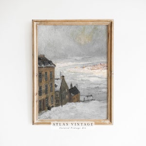 Impresión de invierno vintage / Pintura de paisaje urbano silenciado nevado / Decoración navideña neutra / Arte de pared imprimible en el país francés / Decoración de granja digital