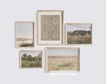 Vintage Landscape Painting Set, Neutral French Country Decor (Downloadable Art)