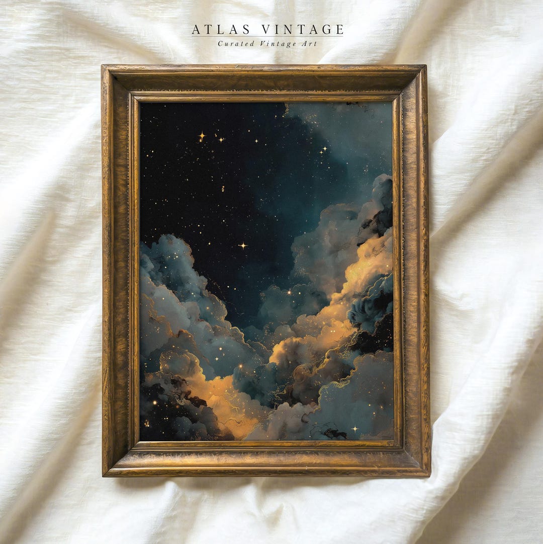 Vintage Starry Night Cloudy Sky Print, Cosmic Galaxy Printable Wall Art ...