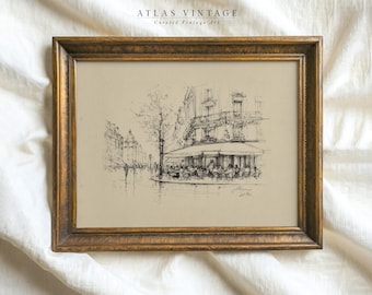 Autumn Parisian Cafe Rainy Street Sketch Print | Vintage Fall French Bistro Drawing Printable | Digital Download