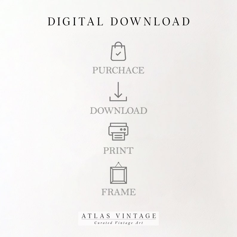 May include: A digital download infographic showing the steps to purchase, download, print, and frame a digital product. The infographic includes icons for each step, including a shopping bag, a download arrow, a printer, and a picture frame.