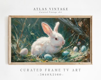 Vintage Easter Bunnies Frame TV Art, Antique Rabbit & Easter Eggs Painting for Samsung Frame TV, Country Farmhouse Easter Eggs Spring Décor