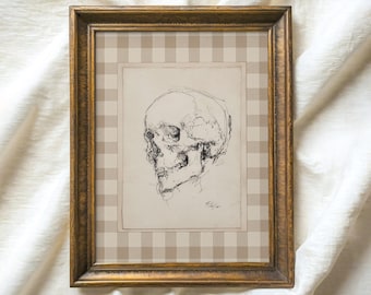 Vintage Halloween Skull Ink Drawing Print, Creepy Skeleton Sketch Printable Wall Art, Spooky Gothic Dark Academia Decor, Digital Download