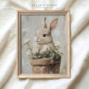 Vintage Easter Bunny Print, Floral Rabbit Painting Printable Wall Art, Spring Flower Nursery Decor, Neutral Botanical Digital Download