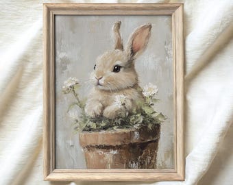 Puede incluir: Una pintura de un conejo marrón sentado en una maceta de terracota con flores blancas. El fondo es gris claro con una textura sutil. La pintura está enmarcada en un marco de madera claro.
