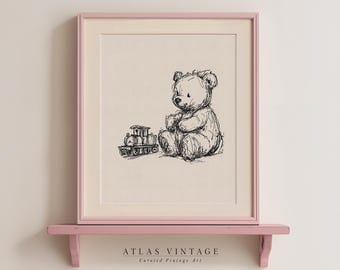 Cute Teddy Bear with Toy Train Sketch Print, Minimalist Animal Drawing Printable Wall Art, Baby Room Nursery Decor, Digital Download