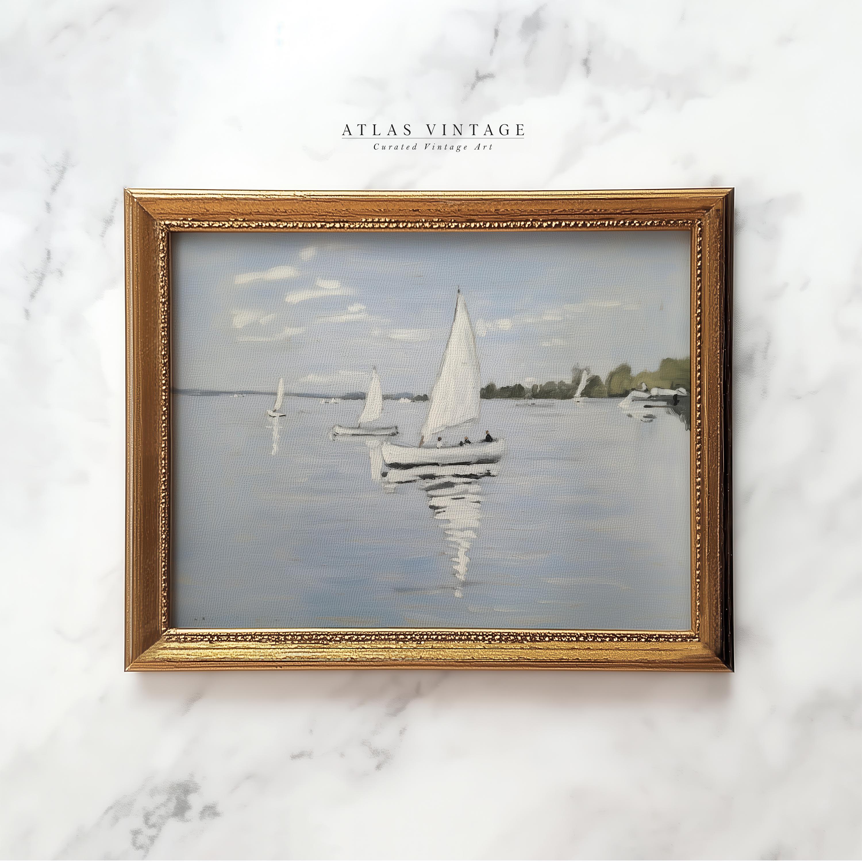 ヴィンテージ帆船の絵画、海岸の海のプリント、ビーチハウスの航海