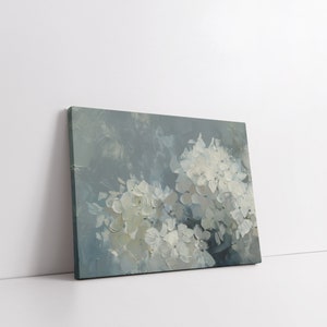 May include: A painting of white hydrangeas on a blue background. The flowers are painted in a loose, impressionistic style.