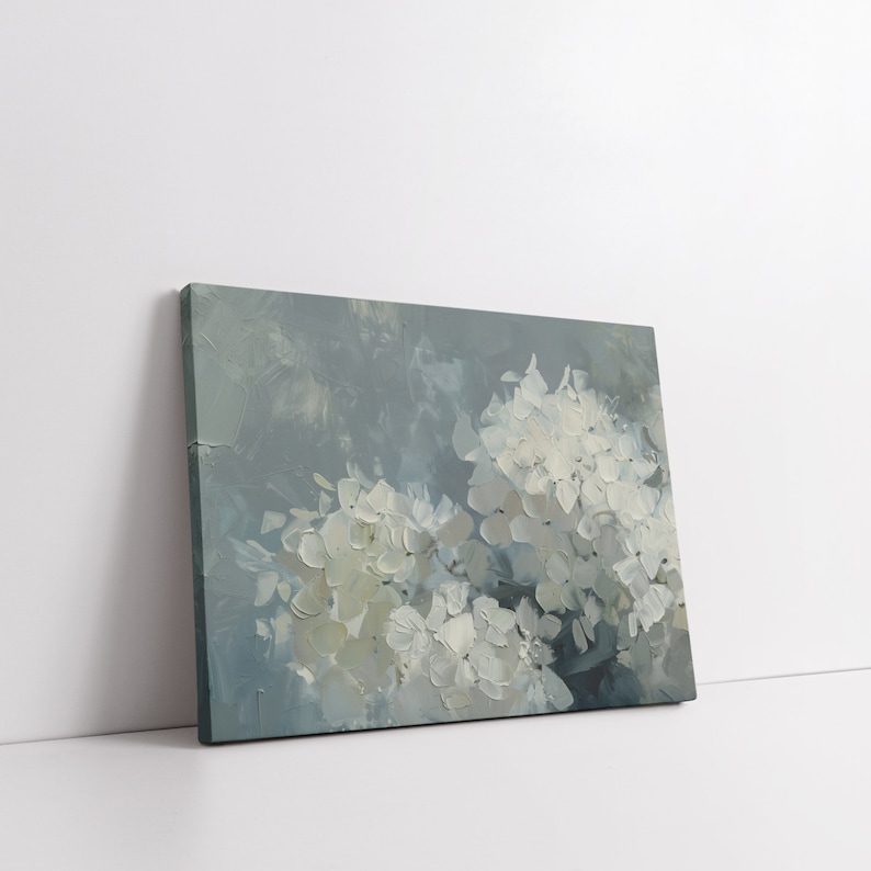 May include: A painting of white hydrangeas on a blue background. The flowers are painted in a loose, impressionistic style.