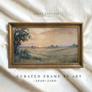 Peut inclure: Une peinture encadrée d'un coucher de soleil sur un champ avec un cadre doré. La peinture est intitulée "Curated Frame TV Art <3840x2160>" et provient d'Atlas Vintage.