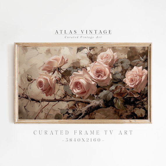 Pink Roses Flower Frame TV Art, Vintage Valentines Day Floral