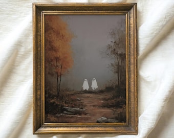 Vintage Ghost Print, Spooky Autumn Forest Path, Gothic Halloween Decor (Digital Download)