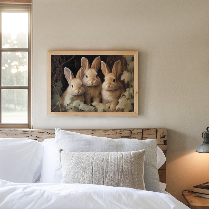 Pu&ograve; includere: Una stampa incorniciata con tre adorabili conigli marroni tra il fogliame. L'opera d'arte &egrave; incorniciata in una cornice di legno chiaro e appesa sopra un letto con lenzuola e cuscini bianchi. L'immagine cattura un tema sereno ispirato alla natura.